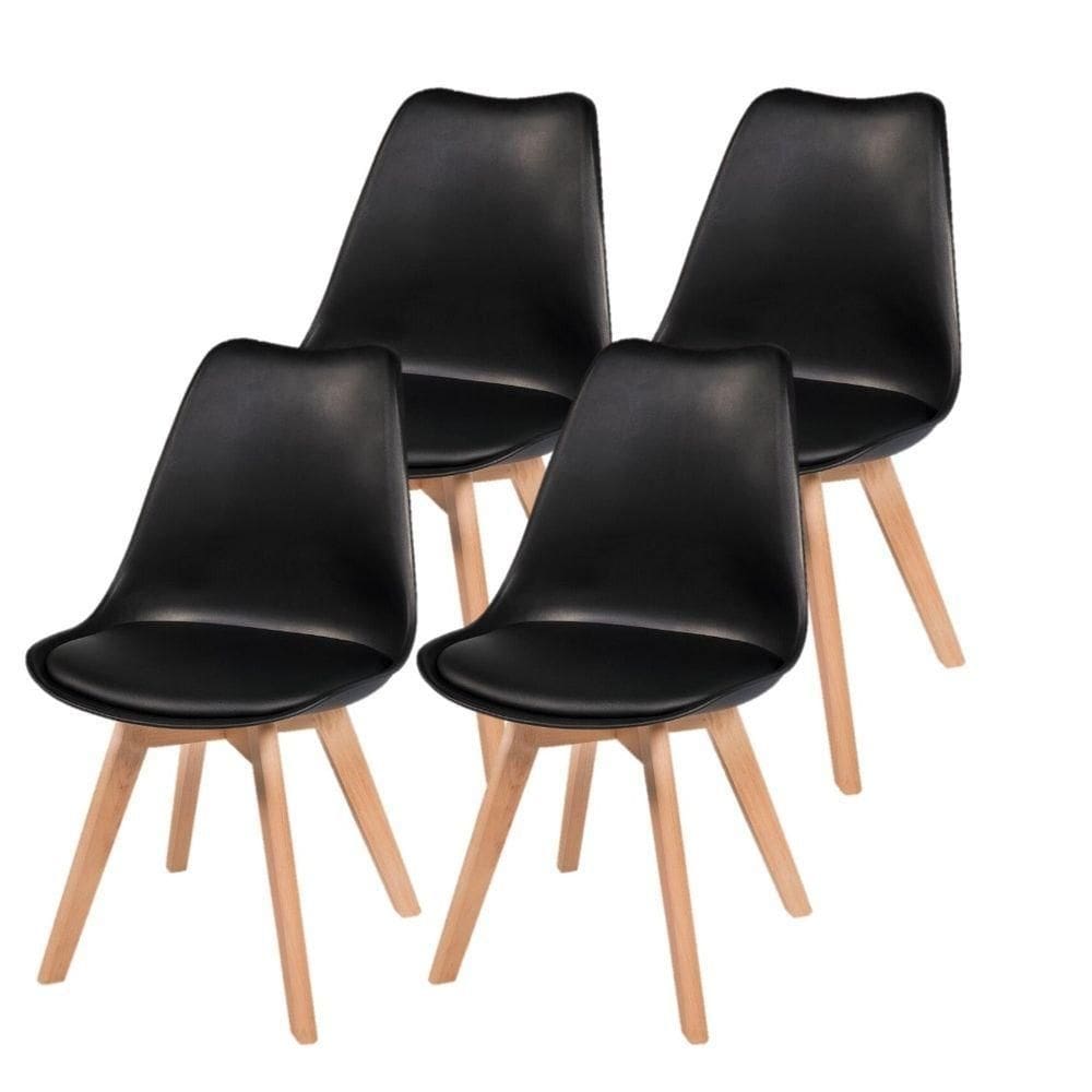 Kit 4 Cadeiras Charles Eames Estofada Base Madeira - Preta