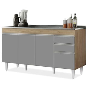 Balcão Gabinete Com Pia Inox 150cm Marrocos Castanho/cinza