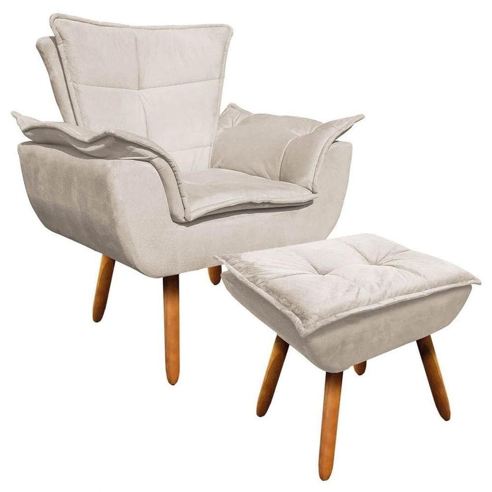 Poltrona Decorativa Pés Palito Com Puff Opla Suede Bege - Ibiza