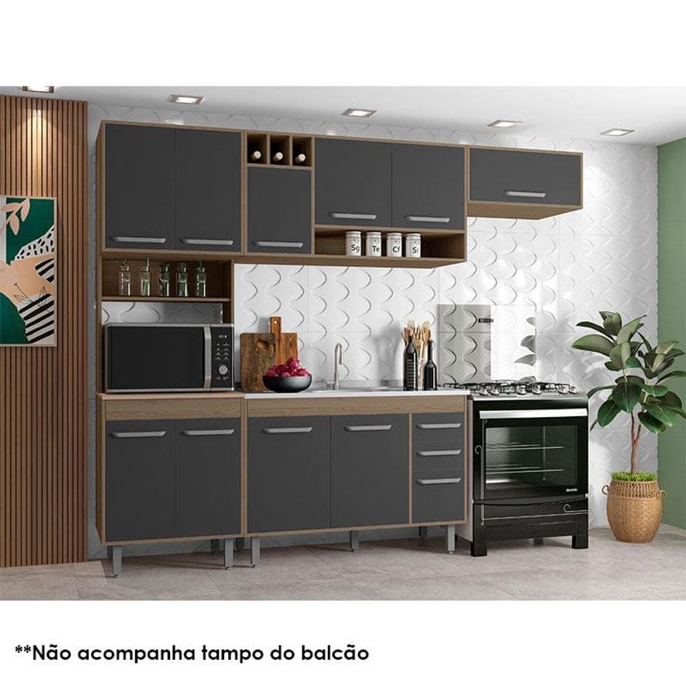Cozinha 4 Peças Ambiente Barcelona com Balcão de Pia Carvalho Grafite – Poliman