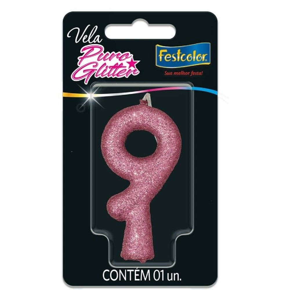 Vela De Aniversário Puro Glitter Nº 9 Rosa 1 Unidade