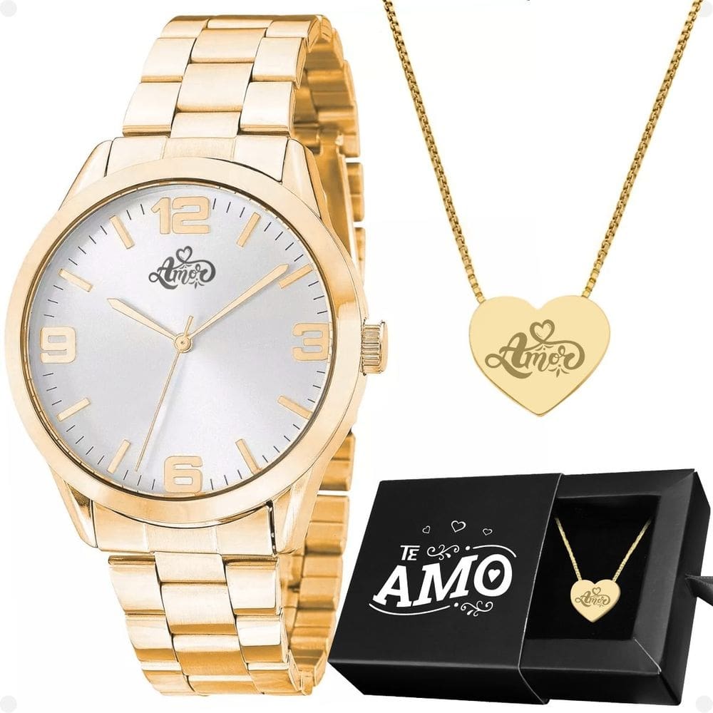 Relógio Feminino Dourado Banhado Moda Luxo + Colar Coração Amor Presente Garantia