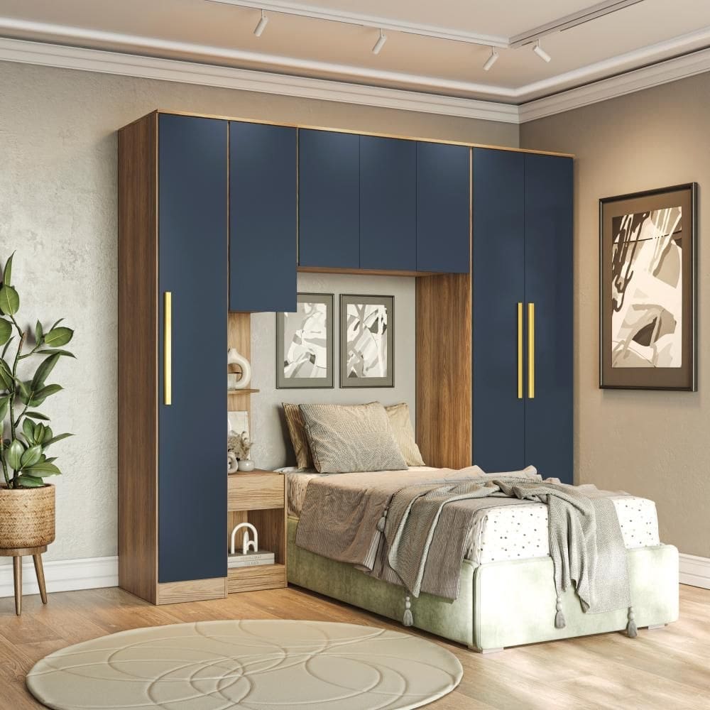 Quarto Modular Kappesberg Adapt Nogueira/Azul Profundo 4 peças 247cm