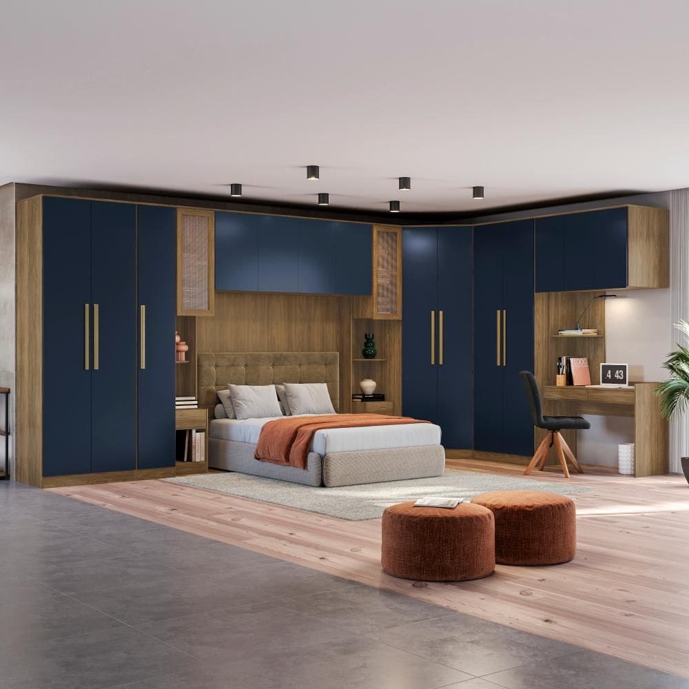 Quarto Modular Kappesberg Adapt Nogueira/Azul Profundo 12 Peças 470cm x 290cm