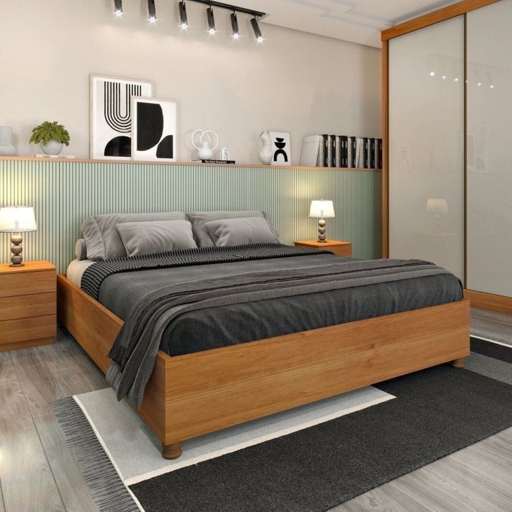 Cama Box Casal Queen Mônaco e Mesa de Cabeceira Veronna Cinamomo