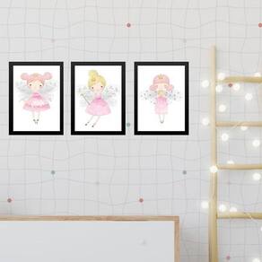 Kit 3 Quadros Infantis Fadinhas Princesas 45X34Cm