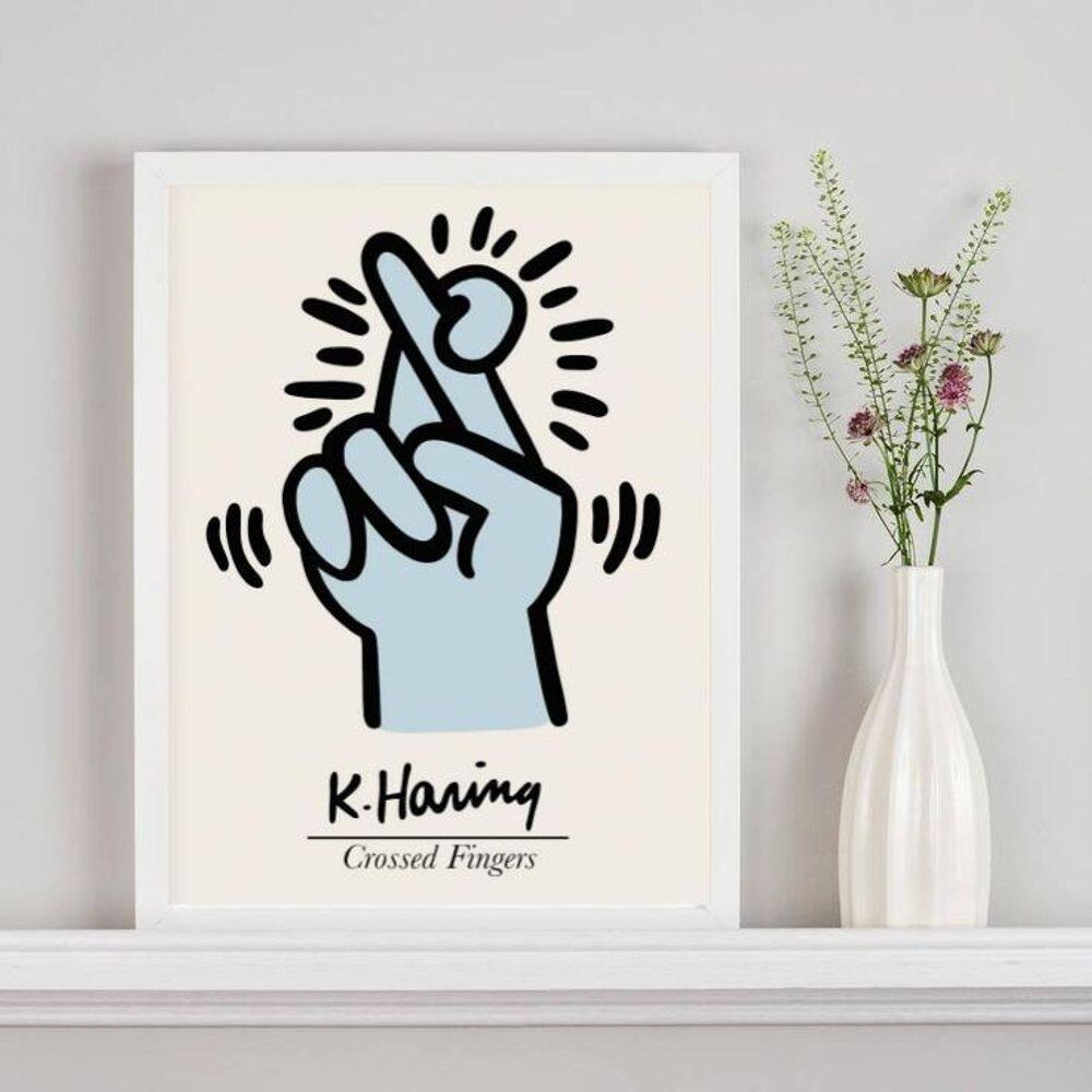 Quadro Keith Haring Crossed Fingers - Azul 33X24Cm - Vidro