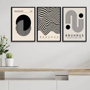 Kit 3 Quadros Arte Bauhaus - Preto E Branco 24X18Cm - Vidro