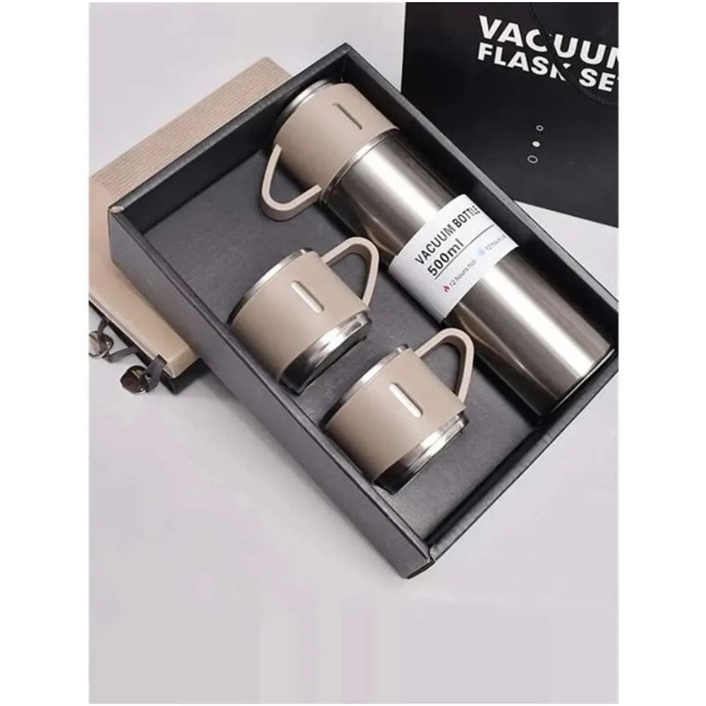 Garrafa térmica quente/frio com 3 xícaras Viagem Camping Cor Inox e Bege