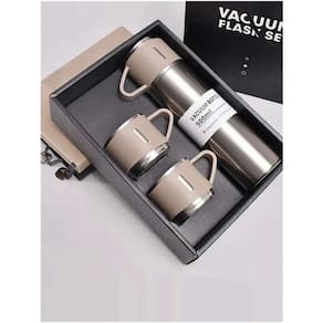 Garrafa térmica quente/frio com 3 xícaras Viagem Camping Cor Inox e Bege