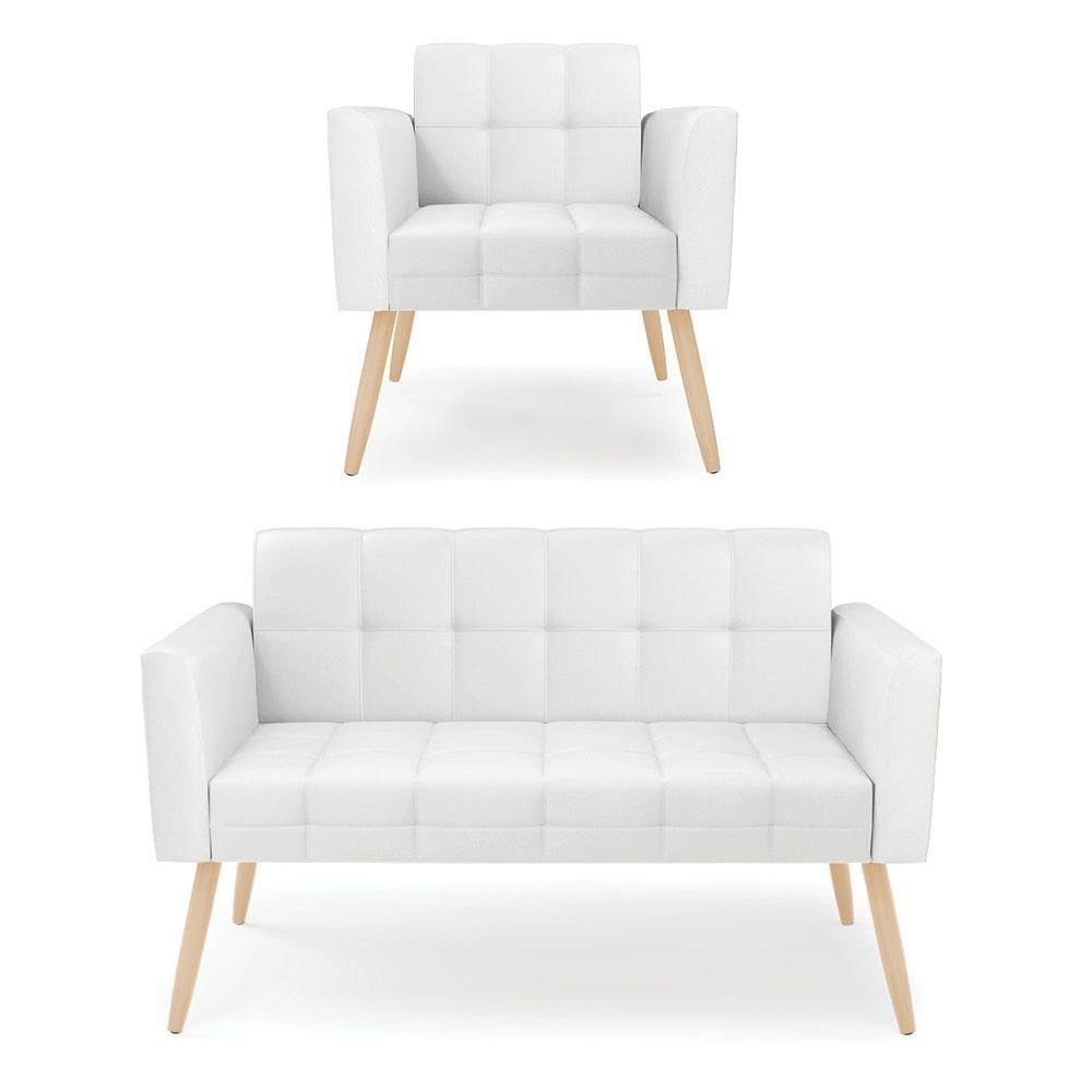 Kit 1 Sofá Namoradeira E 1 Poltrona Elisa Corino Pés Palito Natural - D`rossi Cor Branco