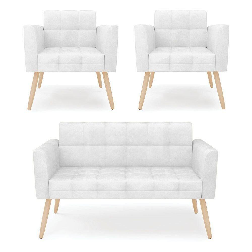 Kit 1 Sofá Namoradeira E 2 Poltronas Elisa Corano Pés Palito Natural - D`rossi Cor Branco