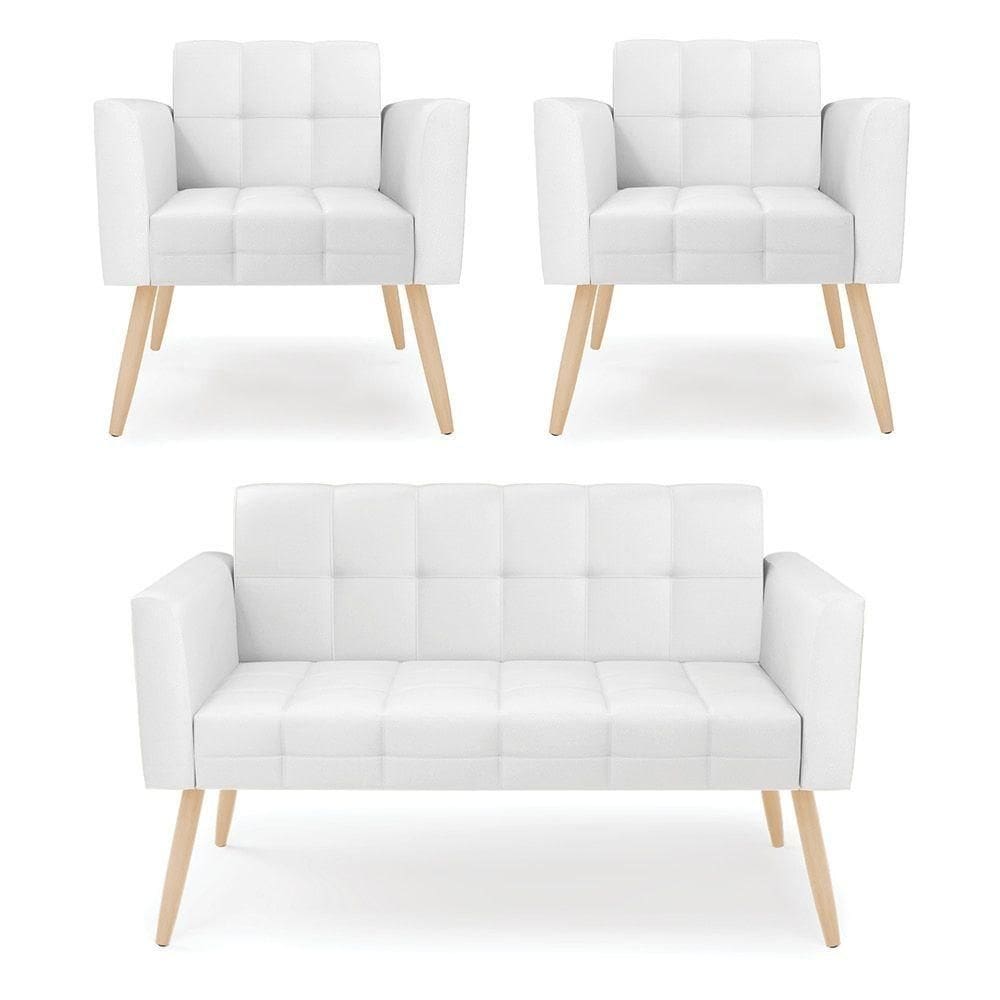 Kit 1 Sofá Namoradeira E 2 Poltronas Elisa Corino Pés Palito Natural - D`rossi Cor Branco