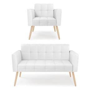 Kit 1 Sofá Namoradeira E 1 Poltrona Elisa Corino Branco Pés Palito Natural - D`rossi