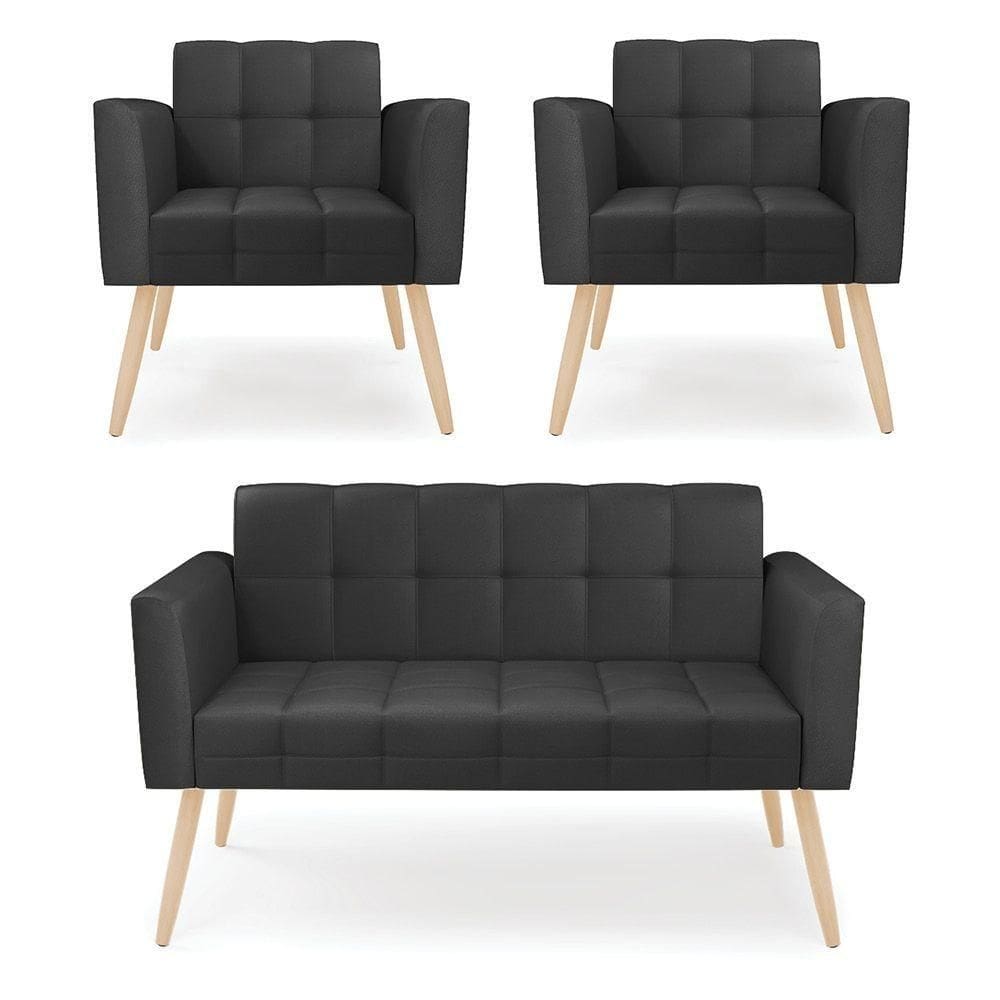 Kit 1 Sofá Namoradeira E 2 Poltronas Elisa Corino Pés Palito Natural - D`rossi Cor Preto