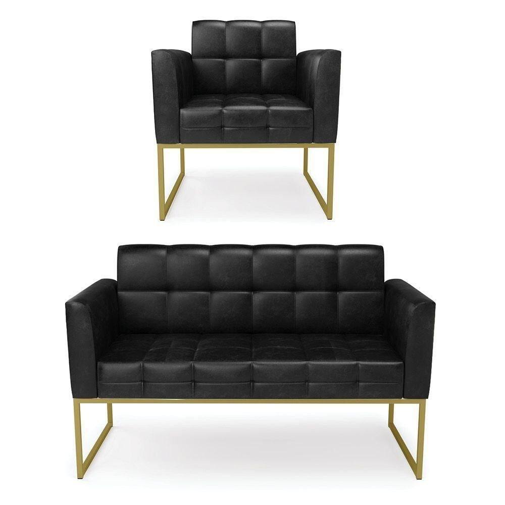 Kit 1 Sofá Namoradeira E 1 Poltrona Elisa Corano Base Metálica Industrial Dourado - D`rossi Cor Preto