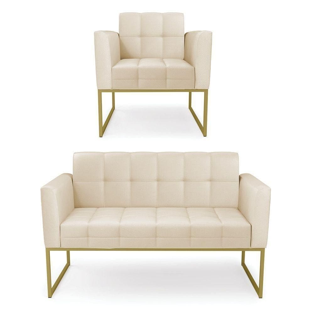 Kit 1 Sofá Namoradeira E 1 Poltrona Elisa Corino Base Metálica Industrial Dourado - D`rossi Cor Bege