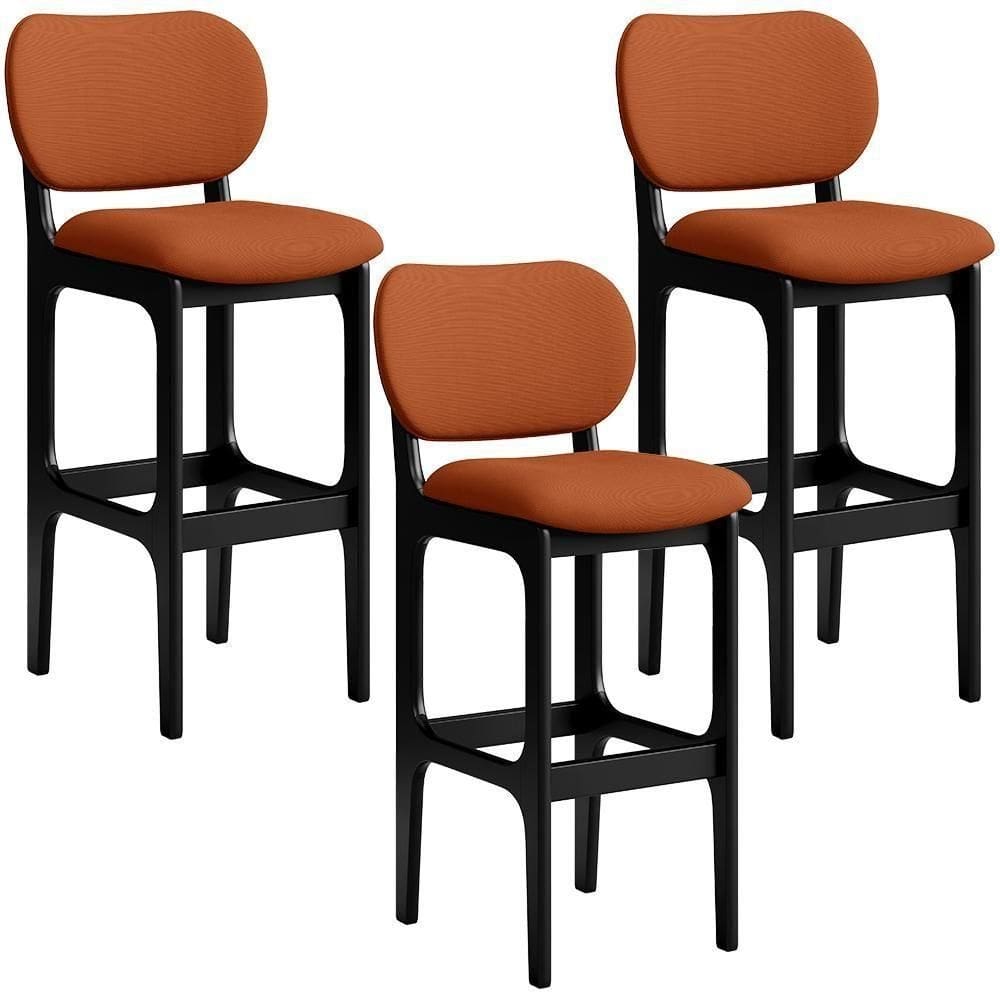Kit 03 Banquetas Alta Bar Cozinha Sala Jantar Fixa Betta L02 Preto Tecido Terracota