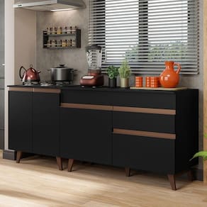 Kit Com 2 Balcões De Cozinha 4 Portas 1 Gaveta Preto Preto