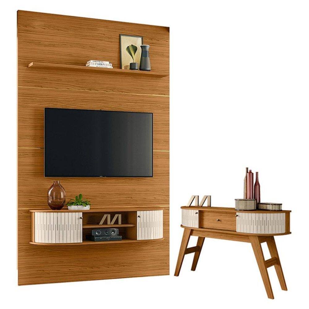 Estante Home Theater com Bancada Suspensa Monte Carlo com Aparador Estoril Naturale Off White – Madetec