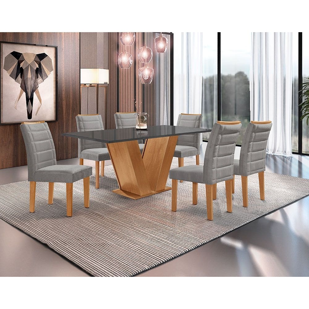 Conjunto Mesa Classic 160x80 com Tampo em Vidro Dakota com 6 Cadeiras Florença Cel Móveis