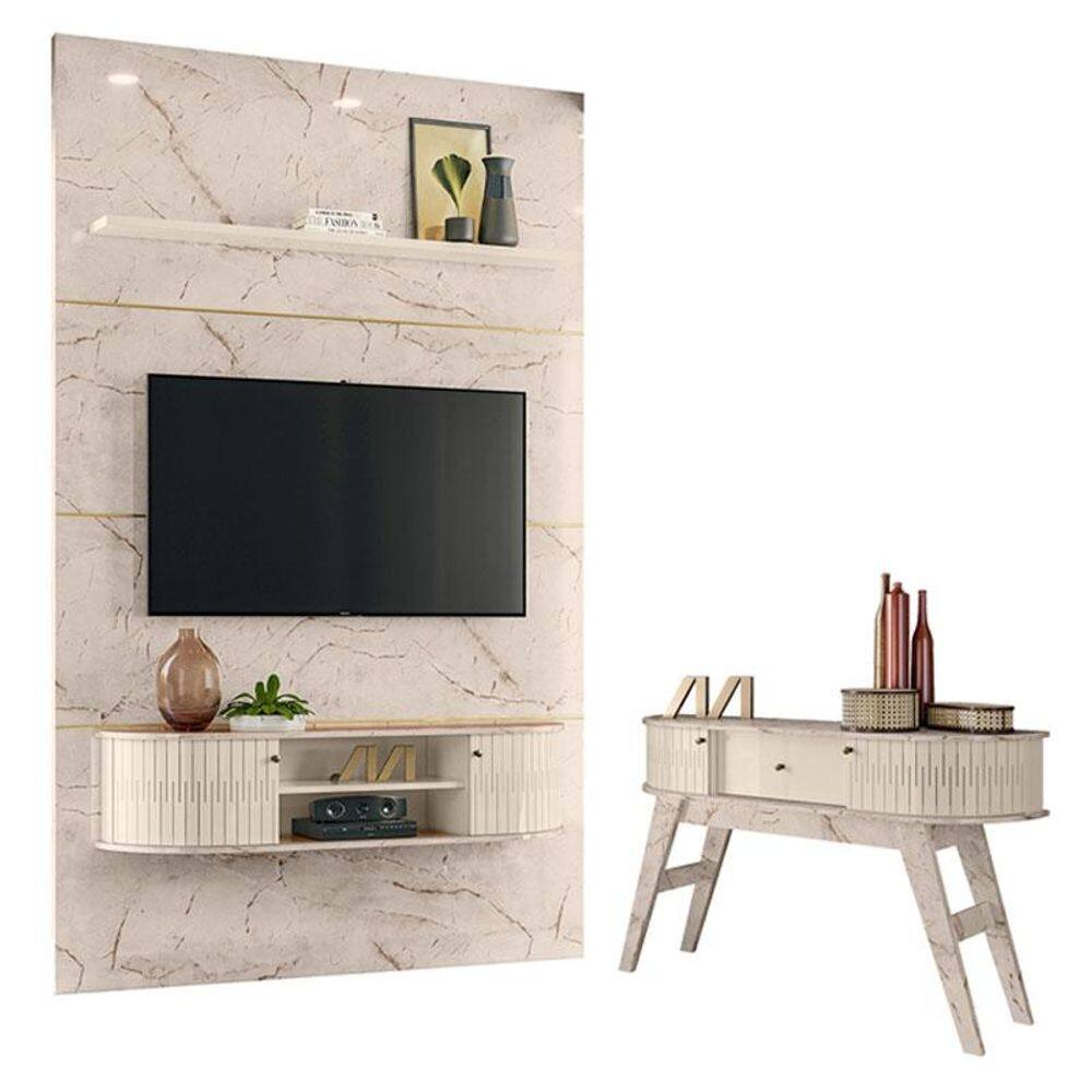 Estante Home Theater com Bancada Suspensa Monte Carlo com Aparador Estoril Calacata Off White – Madetec