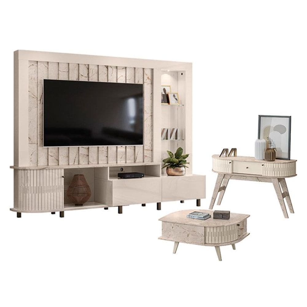 Estante Home Theater Le Mans com Aparador Estoril e Mesa de Centro Indianápolis Calacata Off White - Madetec