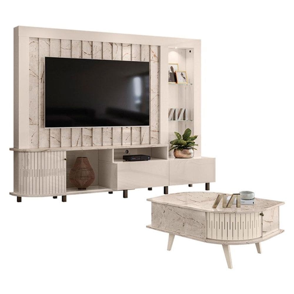 Estante Home Theater Le Mans com Mesa de Centro Indianápolis Calacata Off White - Madetec