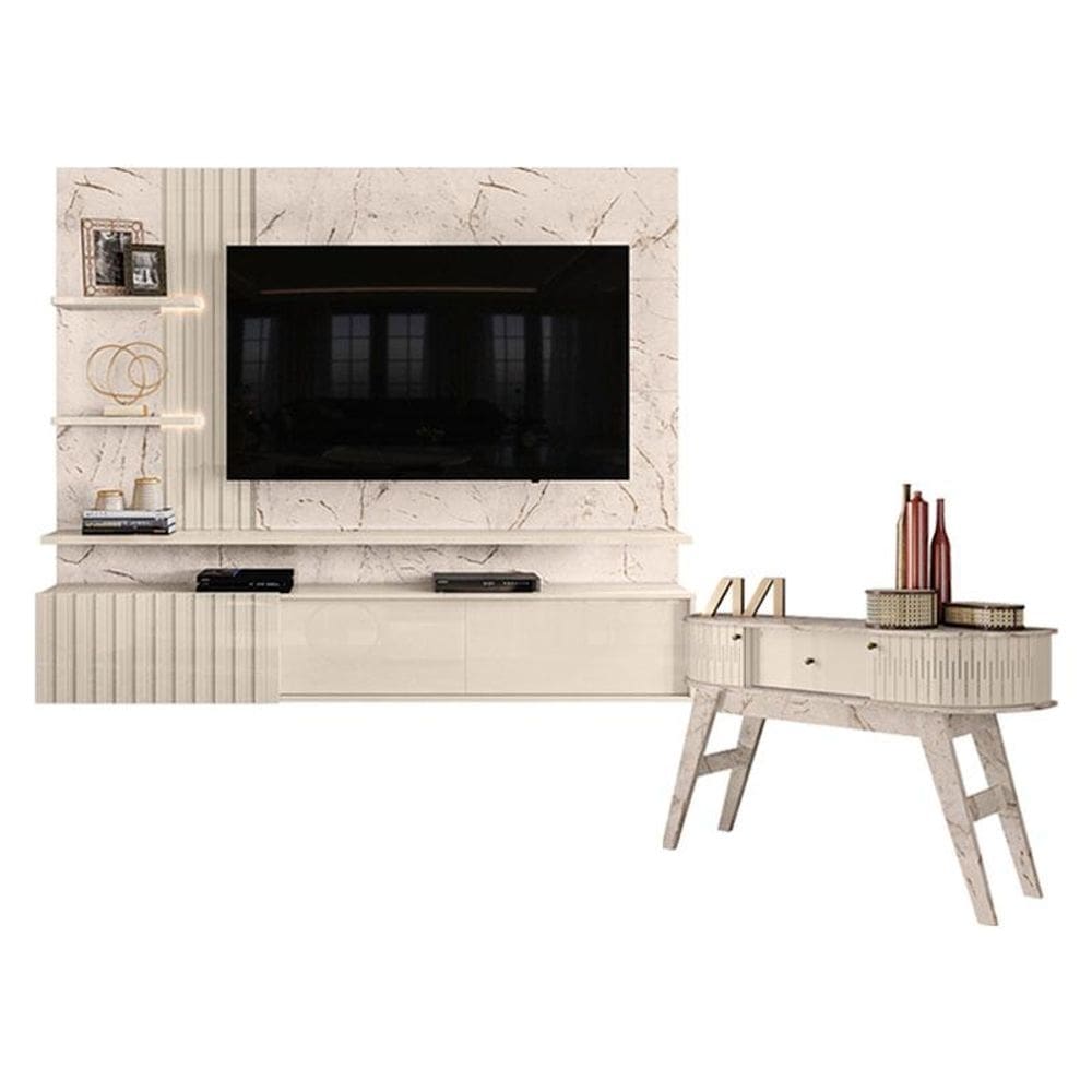 Estante Home Theater Suspenso Atena com Aparador Estoril Calacata Off White - Madetec
