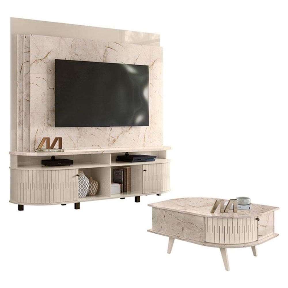 Estante Home Theater Daytona com Mesa de Centro Indianápolis Calacata Off White - Madetec