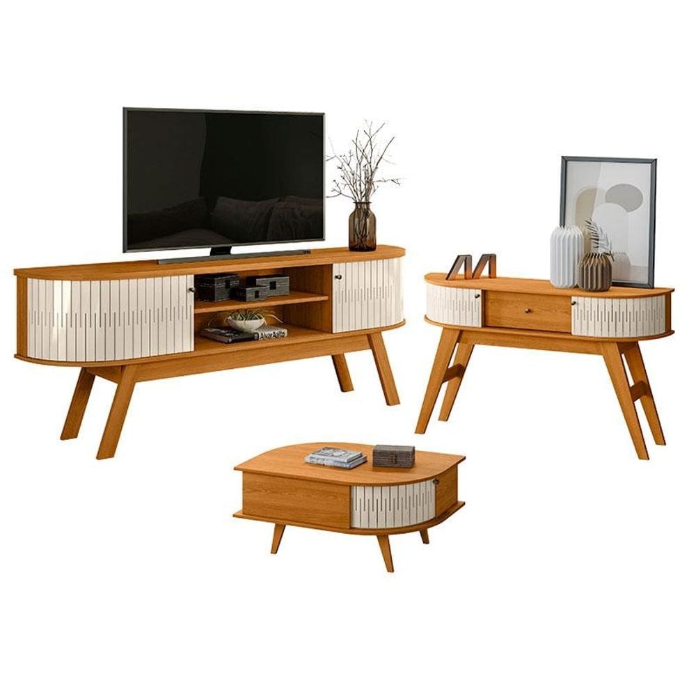 Rack Bancada Valência e Aparador Estoril com Mesa de Centro Indianápolis Cinamomo Off White - Madetec