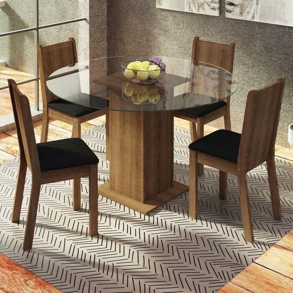 Conj. Mesa Tampo De Vidro 4 Cadeiras Rustic/Preto