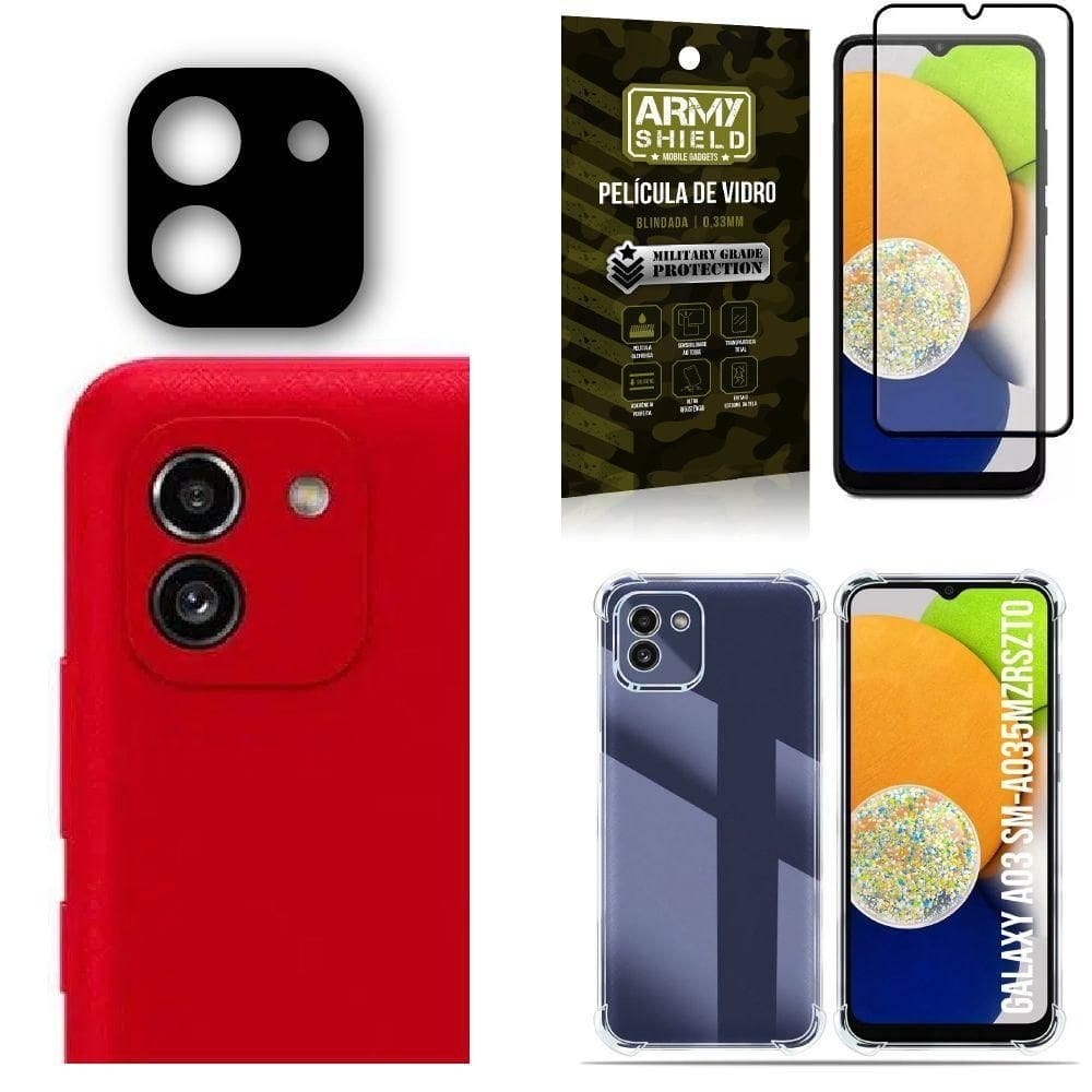 Kit capinha samsung a03 + película de câmera + película 3d