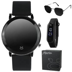 Oculos Protecao Uv + Relogio Digital Aço Inox Redondo Preto Pulseira Ajustavel Casual Silicone