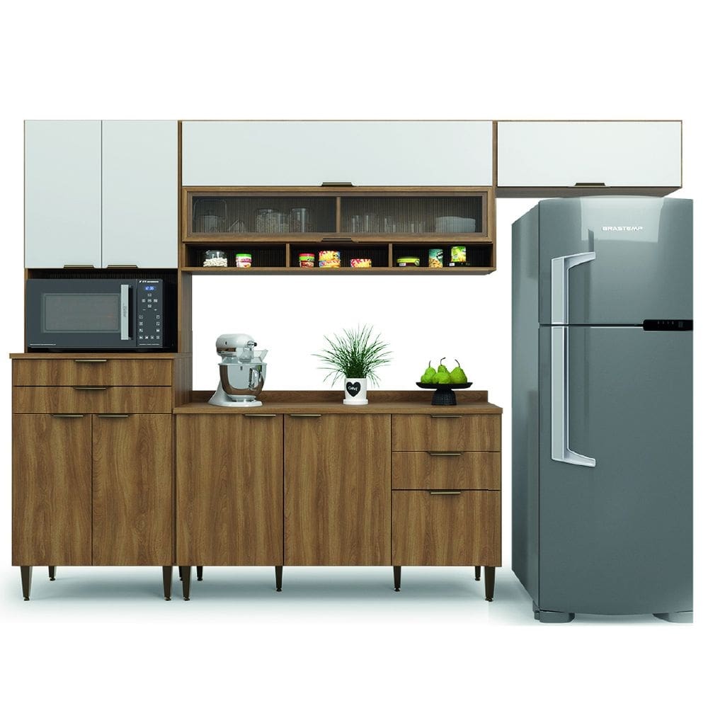 Armário de Cozinha Completa Com Balcão Nicho Para Micro Ondas 9 Portas 5 Gavetas Paris Nogal/Branco Batrol