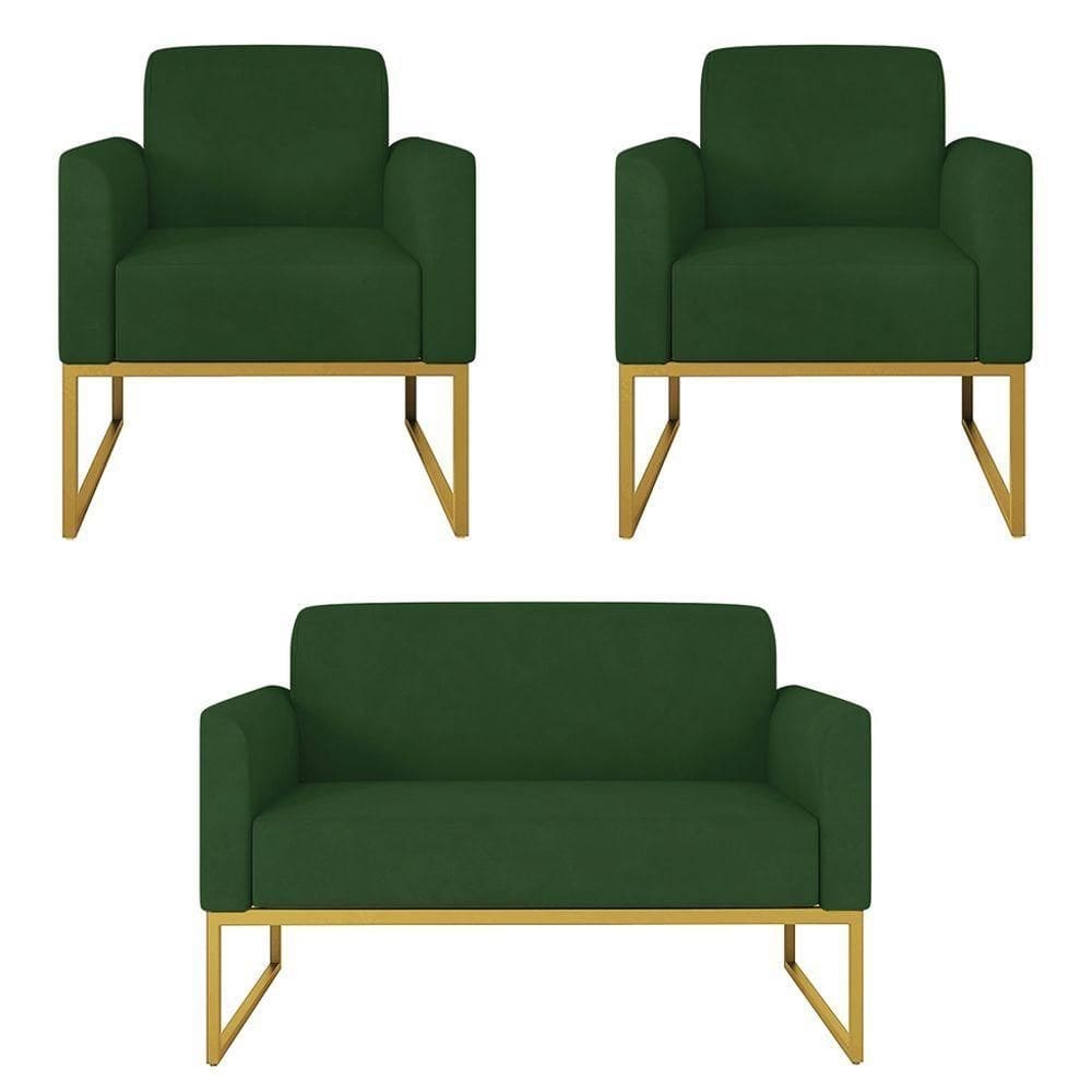Kit Namoradeira E 2 Poltronas Dourada Suede Verde