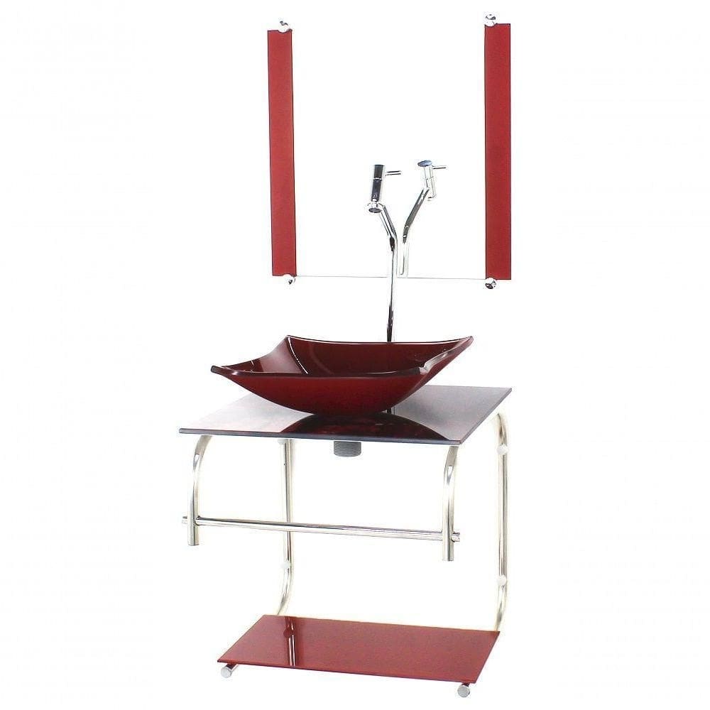Gabinete De Vidro Para Banheiro 40cm Inox Cuba Quadrada Com Sifao E Torneira Metal Cor:marmore Avermelhado