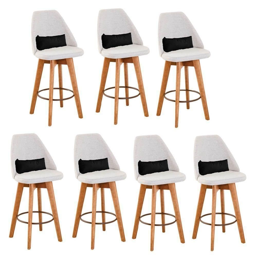 Kit 07 Banquetas Linho Bege E Almofada Suede Preto
