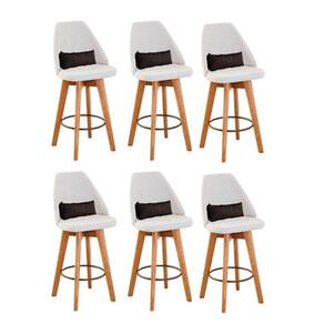 Kit 06 Banquetas Linho Bege E Almofada Suede Marrom
