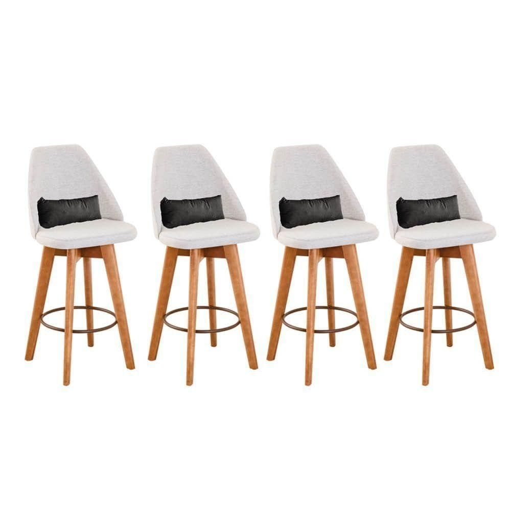 Kit 04 Banquetas Com Encosto Linho Bege E Almofada Cinza