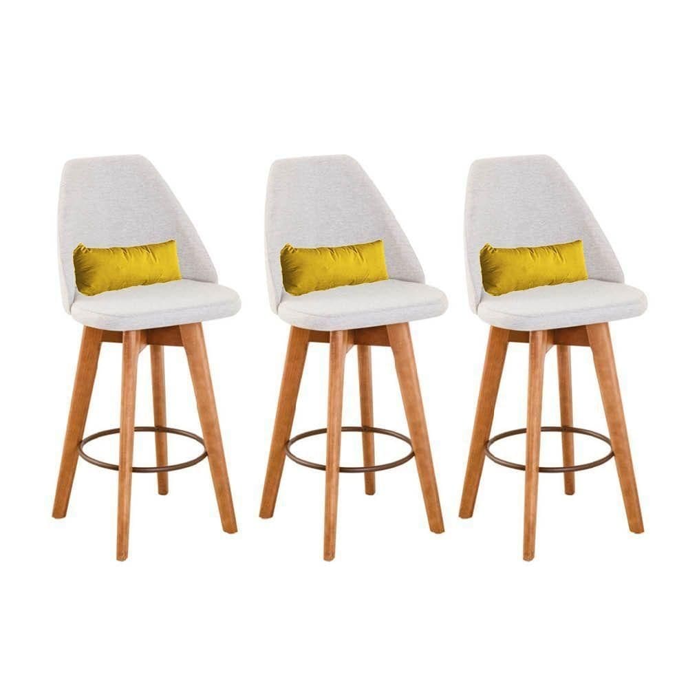 Kit 03 Banquetas Com Encosto Linho Bege E Almofada Amarelo