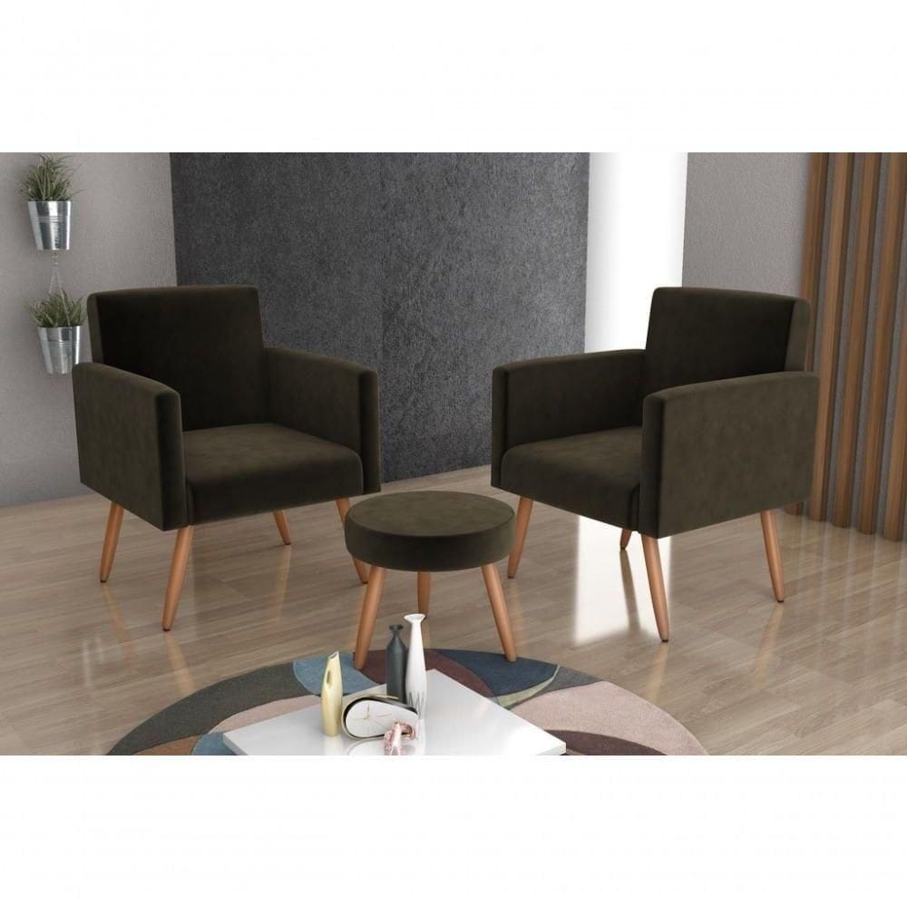 Conjunto 02 Poltronas Decorativas E 1 Puff Dallas - Marrom