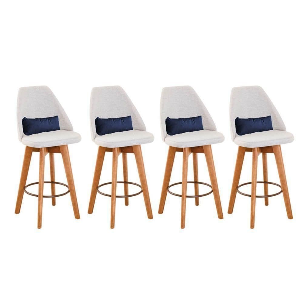 Kit 04 Banquetas Linho Bege E Almofada Suede Azul Marinho