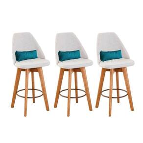 Kit 3 Banquetas Linho Bege E Almofada Azul Turquesa