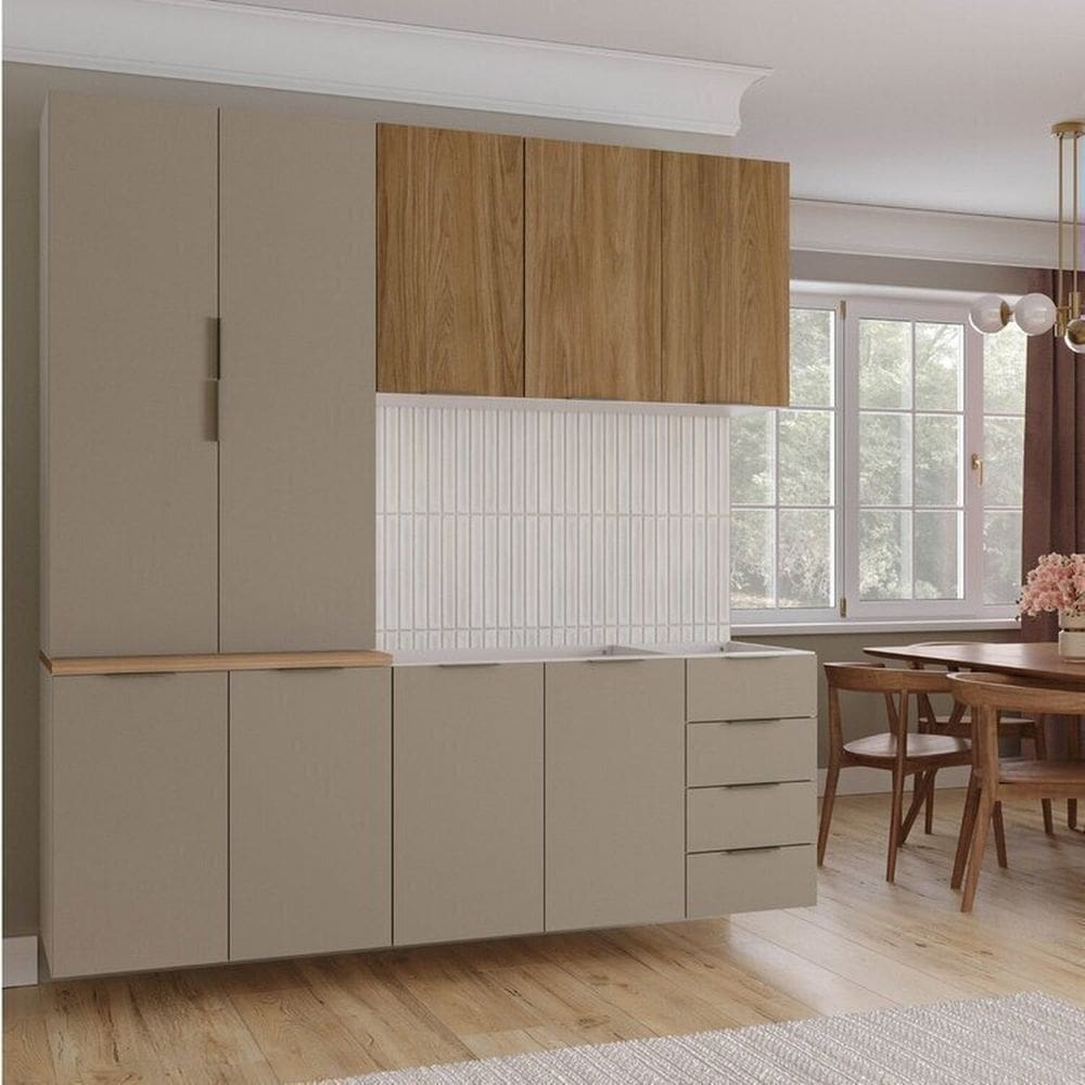 Cozinha Modulada 4 Peças sem Tampo sem Rodapé 2 Aéreos e 2 Balcões Ipanema Cabecasa Madeiramadeira Cinza Trama/ Acácia
