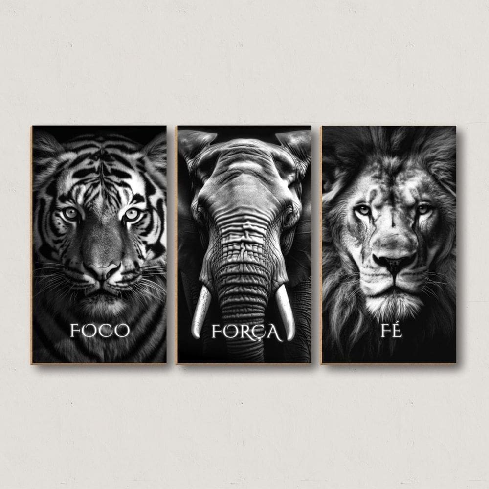Quadro Decorativo Foco Força Fé Tigre Elefante Leão Animais