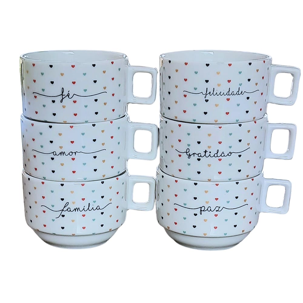 Kit Jogo 6 xícaras Café Chá 200ml Empilháveis - Porcelana
