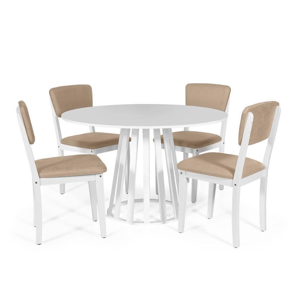 Mesa De Jantar Redonda Gabi Branca Com 4 Cadeiras Estofadas Ella Branco/bege