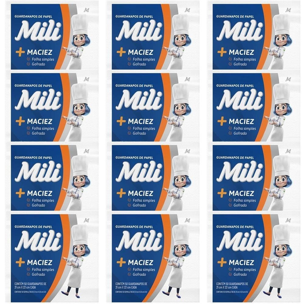 Kit 12 Pacotes Guardanapo Papel Mili 50 Unidades 21 X 22 Cm