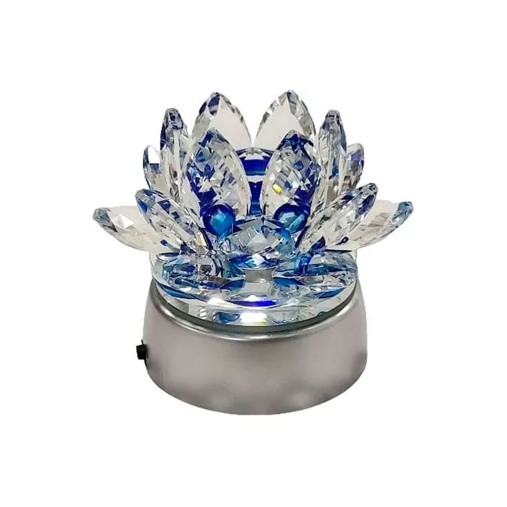 Enfeite Escultura de Vidro Flor de Lotus de 8CM Com Base Espelhada Led RGB Enfeite de Crista